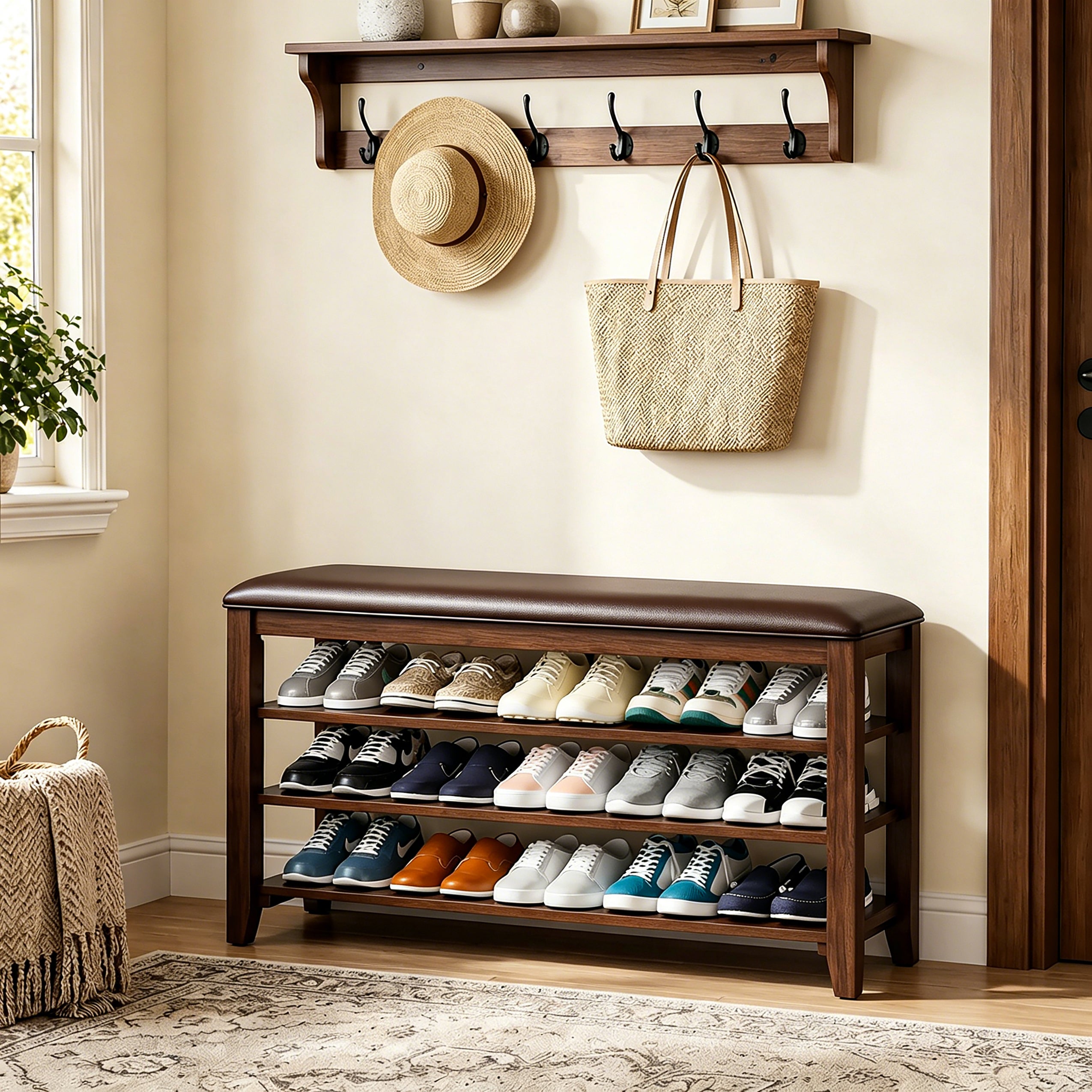 Entryway Solid Wood Shoe Storage Bench Multi-tier Shoe Rack Walnut